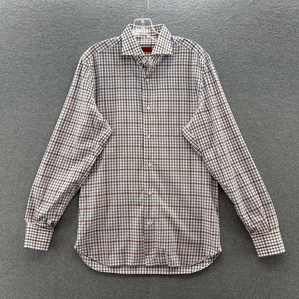 Isaia Dress Shirt Mens 15.5 39 White Blue Brown Check Cotton Long Sleeve Italy